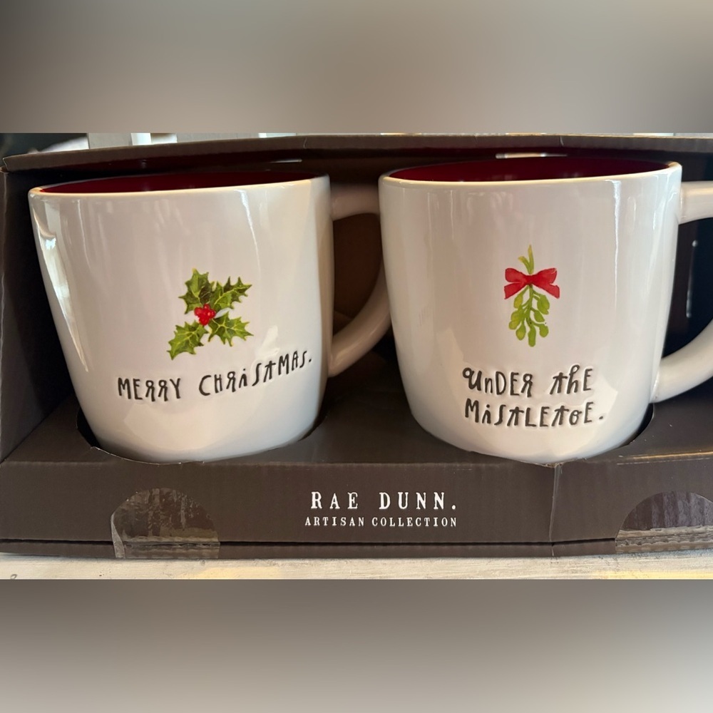 Rae Dunn Merry Christmas and Mistletoe Mug Set - White and Red